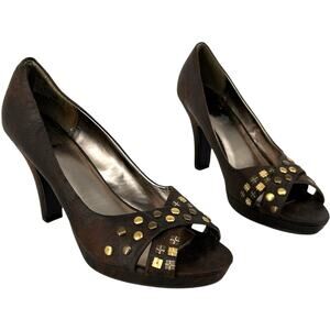 Vintage y2k Women's Brown Gold Studded LEI Stash Strappy Heel Pumps Sz 10M